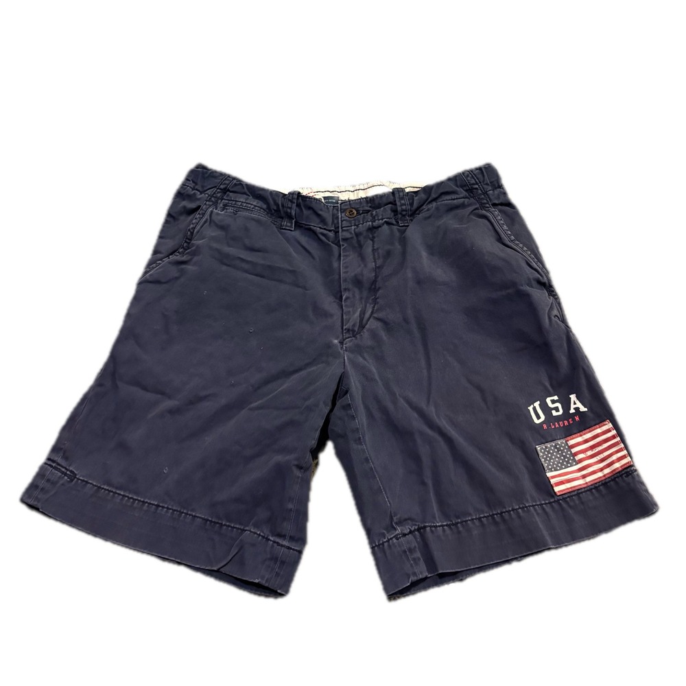 Polo Ralph Lauren Mens Navy Blue USA Flag Patch Chino Shorts Size 36